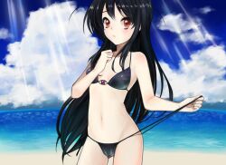  accel_world antenna_hair bad_id bad_pixiv_id beach bikini black_hair blush cameltoe day female kuroyukihime light_rays long_hair milme_c navel red_eyes scar side-tie_bikini_bottom solo sunbeam sunlight swimsuit untying 