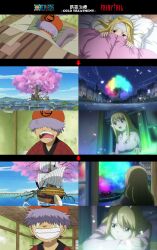  1boy bed blonde_hair compare fairy_tail female flower lucy_heartfilia ninjin_(one_piece) one_piece petals purple_hair shengfucomics ship smile tree 