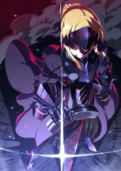  armor artoria_pendragon_(fate) blonde_hair commentary_request covered_eyes excalibur_morgan_(fate) fate/stay_night fate_(series) faulds female gauntlets glint greaves hand_on_hilt is_ii long_hair neon_trim photoshop_(medium) saber_alter short_hair smoke solo sword visor_(armor) weapon 