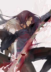  2boys armor berserker_(fate/zero) commentary_request fate/zero fate_(series) hood hoodie lancelot_(fate/zero) long_hair male_focus matou_kariya multiple_boys photoshop_(medium) purple_hair spoilers subdue_ezwei sword weapon white_hair 