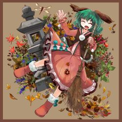  ^_^ acorn animal_ears autumn_leaves bad_id bad_pixiv_id bamboo_broom berry boots border broom brown_background brown_border bug chestnut closed_eyes dog_ears dog_tail dragonfly dress female frilled_dress frills full_body fur-trimmed_boots fur_trim ginkgo_leaf gloves green_hair hand_up holding holding_broom kasodani_kyouko ladybug leaf legs_apart long_sleeves maple_leaf oerba_yun_fang open_mouth pinecone pom_pom_(clothes) red_dress red_footwear short_hair solo stone_lantern tail touhou uma_(ninjin_misaki) vest wild_and_horned_hermit 