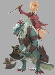  1boy aeon_calcos axe bad_id bad_pixiv_id blonde_hair bodysuit breasts dual_wielding female furry furry_male grey_background holding horns lizardman lizardman_(soulcalibur) medium_breasts natsu_(soulcalibur) ninja reverse_grip sharp_teeth short_hair short_sword simple_background soulcalibur sword take_no_ko_(dodon) tantou teeth vambraces weapon 