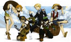  4boys bag bandana barrel black_hair blonde_hair bottle cigarette eating female food goggles green_hair hand_on_hip hat hips meat monkey_d_luffy multiple_boys nami nami_(one_piece) one_piece orange_hair overalls roronoa_zoro sanji slingshot straw_hat usopp wine_glass wineglass 