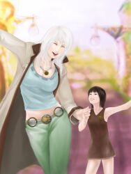  2girls belt black_hair daughter dress family female hand_holding highres jacket jewelry mother multiple_girls necklace nico_olivia nico_olvia nico_robin one_piece smile white_hair 