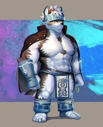  2017 5_toes abs accessory ankle_band anthro armor biceps big_muscles biped black_nose bottomwear brown_body brown_fur brown_hair canid canine canis chest_tuft clothed clothing coat coat_cape digital_media_(artwork) feet fist foot_wraps frown fur hair headband horkeu_kamui_(tas) humanoid_feet inner_ear_fluff kemono lifewonders loincloth male mammal moodraw multicolored_hair muscular muscular_anthro muscular_male nails navel nipples orange_eyes partially_clothed pecs plantigrade short_hair skimpy solo standing toes tokyo_afterschool_summoners topless topwear tuft vambrace white_body white_fur white_hair wolf wraps 