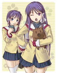  2girls bad_id bad_pixiv_id blue_eyes botan_(clannad) card clannad fujibayashi_kyou fujibayashi_ryou hand_on_own_hip hikarizaka_private_high_school_uniform holding holding_card long_hair mamoru_mikokoro multiple_girls one_eye_closed photoshop_(medium) purple_eyes purple_hair school_uniform short_hair siblings thighhighs twins 