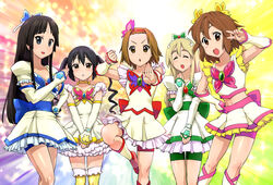  5girls akiyama_mio black_hair blonde_hair blue_eyes blue_shorts brown_eyes brown_hair butterfly_brooch butterfly_hair_ornament choker commentary_request cosplay cure_aqua cure_aqua_(cosplay) cure_dream cure_dream_(cosplay) cure_lemonade cure_lemonade_(cosplay) cure_mint cure_mint_(cosplay) cure_rouge cure_rouge_(cosplay) detached_sleeves green_shorts hair_ornament hirasawa_yui k-on! kotobuki_tsumugi long_hair magical_girl multiple_girls nakano_azusa parody pink_shorts precure red_shorts shorts shorts_under_skirt tainaka_ritsu thighhighs twintails ueyama_michirou yellow_choker yellow_eyes yes!_precure_5 zettai_ryouiki 