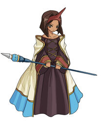  brown_hair cape class_change commentary_request dark-skinned_female dark_skin eyeliner female final_fantasy final_fantasy_tactics full_body horns makeup rapha_galthena robe short_hair single_horn staff standing summoner_(fft) tun 