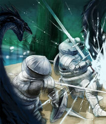  1boy armor battle commentary_request dark_souls_(series) dark_souls_i female full_armor gauntlets helmet knight monster nukotama shield sieglinde_of_catarina siegmeyer_of_catarina sword weapon zweihander 