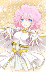  :d blue_eyes breasts capelet commentary_request cowboy_shot dress female fingerless_gloves gloves hair_between_eyes kuroda_akimi looking_at_viewer medium_breasts open_mouth outstretched_arms pink_hair rance_(series) reaching reaching_towards_viewer see-through short_hair sill_plain smile solo star_(symbol) starry_background thigh_gap thighs white_capelet white_dress white_gloves 