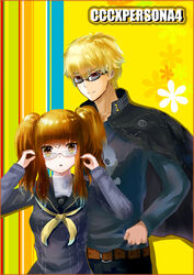  1boy bespectacled blonde_hair brown_eyes brown_hair commentary_request cosplay fate/extra fate/extra_ccc fate_(series) female gilgamesh_(fate) glasses kishinami_hakuno_(female) kujikawa_rise kujikawa_rise_(cosplay) look-alike mirialion persona persona_4 photoshop_(medium) red_eyes seki_tomokazu tatsumi_kanji tatsumi_kanji_(cosplay) twintails voice_actor_connection 