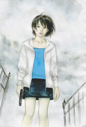  black_hair blue_shirt cloud cloudy_sky collarbone cropped_legs denim denim_skirt female gate gun head_tilt holding holding_weapon jacket lips long_sleeves looking_at_viewer looking_down miniskirt noir open_clothes open_jacket realistic shirt short_hair skirt sky solo weapon yuumura_kirika 