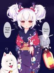  ? animal animal_ears azur_lane bell blue_kimono blush bow canine cannon chick_print commentary double_bun english_text female fingernails floral_print flying_sweatdrops hair_bun hairband hairbow highres japanese_clothes jingle_bell kimono laffey_(azur_lane) laffey_(snow_rabbit_and_candy_apple)_(azur_lane) lantern long_sleeves looking_at_viewer manjuu_(azur_lane) obi official_alternate_costume paper_lantern parted_lips print_kimono purple_background rabbit_ears red_bow red_eyes red_hairband samoyed_(dog) sash sidelocks solo sonodaeri sweat tears tongue tongue_out trembling turret wide_sleeves 