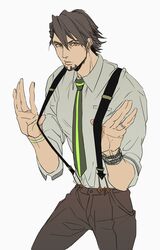  1boy bracelet brown_eyes brown_hair commentary_request facial_hair jewelry kaburagi_t._kotetsu male_focus necktie nitta solo stubble suspenders suspenders_pull tiger_&amp;_bunny watch wristwatch 