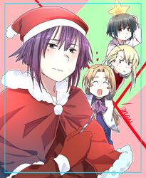  altena black_hair blonde_hair blush chloe_(noir) christmas closed_eyes gloves long_hair mireille_bouquet multiple_girls noir purple_hair santa_hat short_hair sleeveless_turtleneck yuumura_kirika 