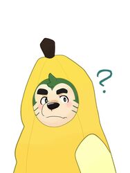  3:4 anthro banana banana_costume blush canid canine canis clothing costume domestic_dog eyebrows food food_costume fruit fur green_body green_fur gukibear hi_res humor lifewonders live_a_hero male mammal mokdai plant question_mark slightly_chubby solo thick_eyebrows 