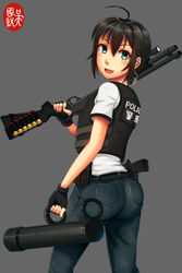  ahoge battering_ram belt black_belt black_gloves black_hair blue_pants bulletproof_vest denim female fingerless_gloves from_behind gloves green_eyes grey_background gun hair_between_eyes handgun highres holstered jeans looking_at_viewer magazine_(weapon) ndtwofives oerba_yun_fang open_mouth original pants ringer_t-shirt shirt short_hair shotgun shotgun_shell smile solo t-shirt weapon white_shirt 