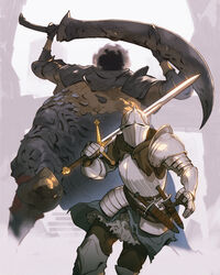  2others armet armor arms_up ashen_one_(dark_souls_3) belt breastplate brown_pants claymore_(sword) commentary_request cuirass dagger dark_souls_(series) dark_souls_iii fat full_armor gauntlets greatsword greaves harald_legion_knight headless helmet highres holding holding_sword holding_weapon jiro_(ninetysix) knife knight multiple_others outdoors over_shoulder pants pauldrons plate_armor poleyn running shield shoulder_armor single_pauldron stairs sword weapon weapon_over_shoulder 