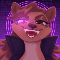  1:1 absurd_res anthro binary_code clothing digital_media_(artwork) fangs female glowing glowing_eyes helena_(bonk6) hi_res hyena jacket mammal sheol_(artist) sinister smile smiling_at_viewer solo teeth topwear 