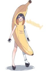  :d banana banana_costume black_footwear black_gloves blunt_bangs costume english_commentary english_text female food fruit geta gloves gradient_hair highres hololive hololive_english kiirokuma multicolored_hair ninomae_ina&#039;nis open_clothes orange_hair platform_footwear purple_eyes purple_hair sandals sidelocks single_sleeve single_sock smile socks solo tentacle_hair virtual_youtuber white_background zouri 