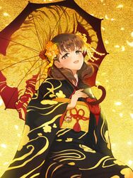  :d animal_print black_kimono blush brown_hair female highres holding holding_umbrella idolmaster idolmaster_cinderella_girls japanese_clothes kimono looking_at_viewer looking_down obi omisoshiru print_umbrella protected_link sakuma_mayu sash smile solo tiger_print two-tone_kimono umbrella wide_sleeves yellow_background 