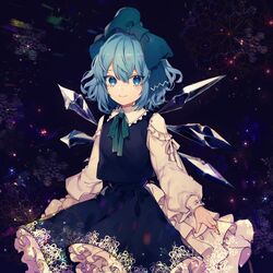  alternate_costume bad_id bad_twitter_id blue_eyes blue_hair blue_skirt bow cirno closed_mouth collared_shirt commentary crescent crystal daimaou_ruaeru eyelashes feet_out_of_frame female fingernails frilled_shirt_collar frills glass green_bow green_ribbons hairbow highres ice ice_wings long_sleeves looking_at_viewer neck_ribbon puffy_sleeves ribbon shirt skirt skirt_set smile snowflake_print snowflakes solo standing star_(symbol) touhou vest white_ribbon wing_collar wings 