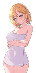  arms_under_breasts bare_shoulders blonde_hair blue_eyes blush breast_hold breasts chillout_tang cleavage closed_mouth collarbone contrapposto covered_navel cowboy_shot crossed_arms female head_tilt highres hololive hololive_english large_breasts looking_at_viewer medium_hair mole mole_on_breast naked_towel simple_background smile solo swept_bangs towel virtual_youtuber watson_amelia white_background 