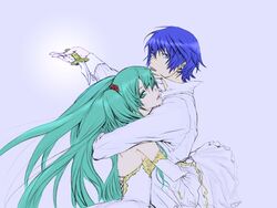  1boy aqua_eyes aqua_hair bad_id bad_pixiv_id blue_eyes blue_hair cantarella_(vocaloid) colorized dress female hatsune_miku kaito_(vocaloid) knife long_hair minato18 vocaloid 