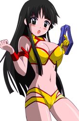  akiyama_mio black_eyes black_hair breasts cleavage commentary_request cosplay crop_top dirty_pair female gloves gun k-on! large_breasts long_hair midriff solo t2 weapon wristband yuri_(dirty_pair) yuri_(dirty_pair)_(cosplay) 