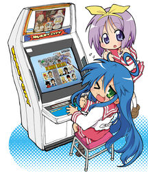  &gt;_o 2girls :3 ahoge alex_(street_fighter) arcade arcade_cabinet astro_city bad_id bad_pixiv_id blue_eyes blue_hair blush capcom capcom_fighting_allstars capcom_fighting_jam character_select charlie_nash chun-li d_d final_fight green_eyes hair_ribbon hairband hiiragi_tsukasa ichimonji_batsu ingrid_(capcom) izumi_konata justice_gakuen kazama_akira long_hair lucky_star mike_haggar mole mole_under_eye multiple_girls one_eye_closed pantyhose playing_games poison_(final_fight) purple_hair ribbon rook ryouou_school_uniform ryu_(street_fighter) school_uniform sega serafuku shiritsu_justice_gakuen short_hair street_fighter street_fighter_iii_(series) street_fighter_zero_(series) strider_(video_game) strider_hiryuu sweat thumbs_up usuiken very_long_hair video_game yellow_hairband 