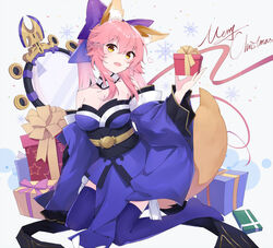  animal_ear_fluff animal_ears bare_shoulders blue_kimono blue_ribbon blue_thighhighs box breasts christmas collarbone commentary_request detached_sleeves fate/extra fate_(series) female fox_ears fox_girl fox_tail gift gift_box hair_ribbon ieufg japanese_clothes kimono large_breasts looking_away merry_christmas mirror pink_hair ribbon solo suiten_nikkou_amaterasu_yanoshisu_ishi tail tamamo_(fate) tamamo_no_mae_(fate/extra) thighhighs yellow_eyes 