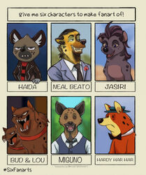  2020 absurd_res aggretsuko anthro beastars black_nose blacksad brown_body brown_fur bud_the_hyena_(dc) clothed clothing collar dc_comics disney english_text fangs female feral fur group haida_(aggretsuko) hanna-barbera hardy_har_har hat headgear headwear hi_res hyena jasiri_(the_lion_guard) lippy_the_lion_and_hardy_har_har lou_the_hyena_(dc) male mammal meme miguno_(beastars) multiple_images neal_beato open_mouth red_body red_fur sanrio six_fanarts_challenge smile spots spotted_body spotted_fur spotted_hyena tategaminu teeth text the_lion_guard the_lion_king 