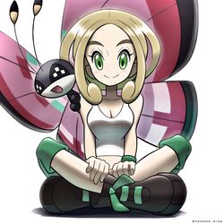  bad_id bad_pixiv_id bare_shoulders black_footwear blonde_hair blush boots breasts capri_pants cleavage collarbone commentary crop_top female full_body green_eyes green_pants green_shorts green_wristband highres indian_style large_breasts looking_at_viewer midriff on_shoulder pants parted_bangs photoshop_(medium) pokemon pokemon_(creature) pokemon_on_shoulder pokemon_xy shadow shirt shorts simple_background sitting sleeveless sleeveless_shirt smile solo_focus tank_top thick_eyebrows twitter_username viola_(pokemon) vivillon vivillon_(meadow) white_background white_shirt white_tank_top wristband yamane_(viq4201) 