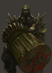  1boy armor bad_id bad_pixiv_id breastplate brown_background commentary_request dark_souls_(series) dark_souls_i dokomon executioner_smough facing_viewer fat fat_man full_armor gold_armor hammer helm helmet highres holding holding_weapon huge_weapon korean_commentary korean_text male_focus pauldrons shoulder_armor simple_background solo spiked_armor standing translation_request weapon 