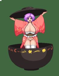  :d alternate_breast_size areola_slip bowl bowl_hat breasts check_commentary cleavage commentary_request curvy female green_background hat holding holding_clothes holding_hat huge_breasts in_bowl in_container japanese_clothes kimono looking_at_viewer lowres namako_daibakuhatsu open_mouth panties pixel_art plump purple_eyes purple_hair red_kimono short_hair simple_background smile solo standing sukuna_shinmyoumaru thick_thighs thighhighs thighs touhou underwear 