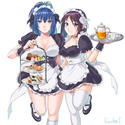  2girls apron blue_eyes blue_hair bread bread_slice breasts brown_hair cake cake_slice chocolate_cake cleavage cuffs cup custard expressionless fingernails flower food glass_teacup glass_teapot hair_flower hair_ornament highres holding holding_tiered_tray holding_tray large_breasts leona_heidern looking_at_viewer maid maid_apron maid_headdress mary_janes medium_breasts muffin multiple_girls olive plate puffy_short_sleeves puffy_sleeves purple_eyes ramekin sakura_mafumi sandwich saucer shoes short_hair short_sleeves smile snk_heroines:_tag_team_frenzy straight-on tea tea_set teacup teapot the_king_of_fighters thighhighs tiered_tray tray whip_(kof) white_background white_legwear wrist_cuffs zettai_ryouiki 