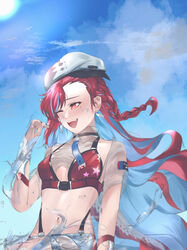  absurdres blue_hair blue_nails bra braid colored_inner_hair dazai earrings highres jewelry multicolored_hair one_eye_closed open_mouth punishing:_gray_raven red_bra red_eyes red_hair see-through streaked_hair teeth underwear upper_teeth_only vera:_garnet_(wavebender)_(punishing:_gray_raven) vera_(punishing:_gray_raven) white_headwear 