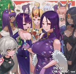  6+girls absurdres ahoge alternate_costume animal_ears artoria_pendragon_(fate) ass back bare_shoulders black_dress black_hair blonde_hair blue_bow blue_dress blue_kimono blush bob_cut bow braid breasts cake china_dress chinese_clothes choker christmas christmas_cake christmas_ornaments christmas_tree circlet cleavage closed_mouth clothing_cutout confetti cup dark-skinned_female dark_skin detached_collar detached_sleeves dress drinking_glass earrings eyeliner facial_mark fate/apocrypha fate/extra fate/grand_order fate/stay_night fate_(series) feather_boa food forehead_jewel forehead_mark fox_ears fox_girl gloves green_eyes grey_hair hair_pulled_back hairbow highres hood_(james_x) horns ibaraki_douji_(fate) jack_the_ripper_(fate/apocrypha) jackal_ears japanese_clothes jeanne_d&#039;arc_alter_(avenger)_(fate) jeanne_d&#039;arc_alter_(fate) jewelry kimono large_breasts licking_lips long_hair looking_at_viewer looking_back makeup medium_breasts merry_christmas minamoto_no_raikou_(fate) minamoto_no_raikou_(traveling_outfit)_(fate) multiple_girls navel navel_cutout necklace nitocris_(fate) oni open_mouth parted_bangs party pink_hair ponytail purple_dress purple_eyes purple_gloves purple_hair red_eyes saber_(fate) scar scar_on_cheek scar_on_face scheherazade_(fate) short_eyebrows short_hair shoulder_tattoo shuten_douji_(fate) side_ponytail sidelocks skin-covered_horns small_breasts smile tamamo_(fate) tamamo_no_mae_(fate/extra) tattoo tomoe_gozen_(fate) tongue tongue_out usekh_collar ushiwakamaru_(fate) very_long_hair white_dress yellow_eyes 