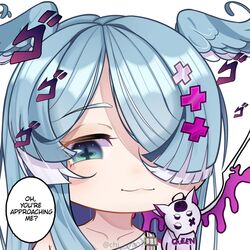  +_+ :3 animal_ears animal_on_shoulder black_sclera blue_eyes blue_hair chi_ra chibi colored_sclera dragon dragon_wings elira_pendora elira_pendora_(1st_costume) english_text female hair_over_one_eye head_wings highres jojo_no_kimyou_na_bouken meme menacing_(jojo) nijisanji nijisanji_en oh?_you&#039;re_approaching_me?_(meme) one_eye_covered pikl_(elira_pendora) smile solo_focus twitter_username virtual_youtuber watermark white_eyes wings 