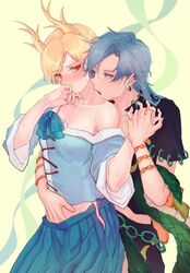  2girls absurdres antlers bare_shoulders black_shirt black_skirt blonde_hair blue_eyes blue_hair blue_shirt blue_skirt blush breasts collarbone commentary_request covering_own_mouth cowboy_shot dragon_horns dragon_tail ear_piercing earrings green_background hand_up highres himemushi_momoyo horns interlocked_fingers jewelry kicchou_yachie kissing kissing_neck long_hair looking_at_another medium_breasts multiple_girls nose_blush off_shoulder piercing pleated_skirt red_eyes ring ringo_orihara sexual_harassment shirt short_hair skirt sweat tail touhou yuri 