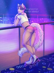  3:4 aglioeollieo animal_humanoid ass bottomwear bts bulge cat_humanoid clothed clothing crop_top detailed_background digital_media_(artwork) disco domestic_cat ear_piercing ear_ring felid felid_humanoid feline feline_humanoid felis hair hotpants humanoid jimin_(bts) looking_at_viewer looking_back male mammal mammal_humanoid nightclub piercing quad_skates raised_tail ring_piercing roller_disco roller_rink roller_skates shirt shorts solo standing tail topwear 