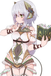  +_+ ass_visible_through_thighs atelier_(series) atelier_sophie blush book closed_mouth cowboy_shot female garter_straps green_eyes hand_up highres holding holding_book index_finger_raised long_hair navel open_book plachta simple_background solo standing sumiyao_(amam) thigh_gap thighhighs white_background white_hair white_thighhighs 