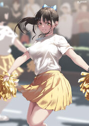  2girls aya_(jonsun) blue_bow blurry blurry_background bow breasts brown_eyes cheerleader hairbow holding holding_pom_poms jonsun looking_at_viewer medium_breasts multiple_girls original pom_pom_(cheerleading) ponytail shirt short_hair short_sleeves skirt smile solo_focus thighs twitter_username white_shirt yellow_skirt 