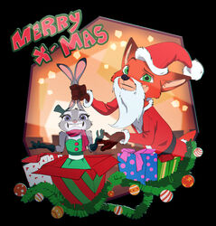  2019 anthro black_background black_nose box canid canine christmas christmas_clothing christmas_headwear clothed clothing container costume dipstick_ears disney duo ear_grab ear_markings english_text fox fully_clothed fur gloves grabbing_both_ears green_eyes grey_body grey_fur grin hand_on_ears handwear hat headgear headwear holidays judy_hopps lagomorph leporid looking_at_viewer mammal multicolored_ears nick_wilde orange_body orange_fur rabbit red_fox ruffu santa_costume santa_hat scarf simple_background smile text true_fox zootopia 