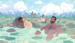  5boys arm_hair armpit_hair armpits axe bara bear bear-shaped_clouds beard bearscape belly blonde_hair blush body_freckles chest_hair cloud cloudy_sky completely_nude couple dark-skinned_male dark_skin english_commentary facial_hair forehead-to-forehead forest freckles hairy heads_together highres interracial lake large_pectorals lily_pad magic:_the_gathering male_focus mature_male mountain moustache multiple_boys nature navel_hair nipples nude official_art outdoors pectorals perspective petals pink_hair planted planted_axe plump revision ricardo_bessa rock shaped_cloud short_hair sky stomach topless_male tree upper_body water yaoi 