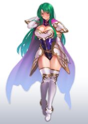  arm_behind_head armor blush boots breastplate breasts cape cecilia_(fire_emblem) cleavage d.chikusou detached_sleeves elbow_gloves female fire_emblem fire_emblem:_the_binding_blade gloves gold_trim gradient_background gradient_clothes green_eyes green_hair highres hip_armor large_breasts leotard long_hair mature_female pauldrons purple_cape purple_leotard shoulder_armor skin_tight smile solo thigh_boots thighs 