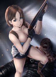  1boy black_gloves black_skirt blue_eyes boots breasts brown_hair cleavage clothes_around_waist collarbone commentary_request female fingerless_gloves gloves gun highres holster jill_valentine knee_boots kurone_rinka large_breasts legs lips miniskirt monster nemesis_(resident_evil) pump_action resident_evil resident_evil_3:_nemesis short_hair shotgun shoulder_holster skirt solo_focus standing_on_person sweater sweater_around_waist thighs trigger_discipline watch weapon wristwatch 