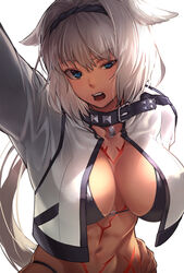  abs akinaie animal_ears backlighting belt belt_buckle belt_collar bikini black_belt black_bikini black_choker black_collar blue_eyes body_markings breasts buckle caenis_(fate) choker cleavage collar collarbone dark-skinned_female dark_skin fate/grand_order fate_(series) female hairband highres jacket long_hair long_sleeves looking_at_viewer navel open_clothes open_jacket open_mouth outstretched_arm ponytail pubic_tattoo solo studded studded_choker swimsuit tattoo toned white_hair white_jacket 