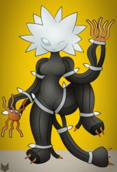  2017 anthro anthrofied black_body blue_sclera breasts featureless_breasts featureless_crotch female generation_7_pokemon hair hi_res navel nintendo nude one_eye_closed pokemon pokemon_(species) pokemorph raised_leg simple_background solo ultra_beast white_eyes white_hair wink wire xurkitree yellow_background zinzoa 