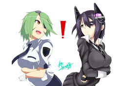  2girls breasts checkered_necktie commentary_request contrapposto dress_shirt eyepatch fingerless_gloves gloves green_hair hair_over_one_eye headgear kantai_collection kuga_zankurou large_breasts look-alike looking_at_another multiple_girls necktie open_mouth orange_eyes otonashi_kiruko pencil_skirt pleated_skirt police police_uniform purple_hair school_uniform shinmai_fukei_kiruko-san shirt short_hair skirt standing tenryuu_(kancolle) uniform white_gloves wing_collar yellow_eyes 